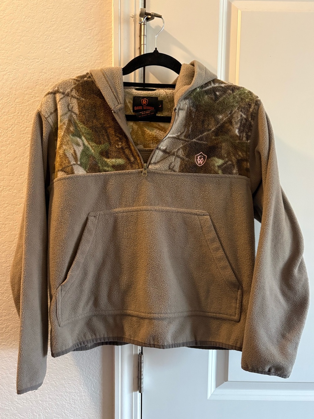Game Winner Kids' Taupe Fleece Hoodie with Camo Yoke